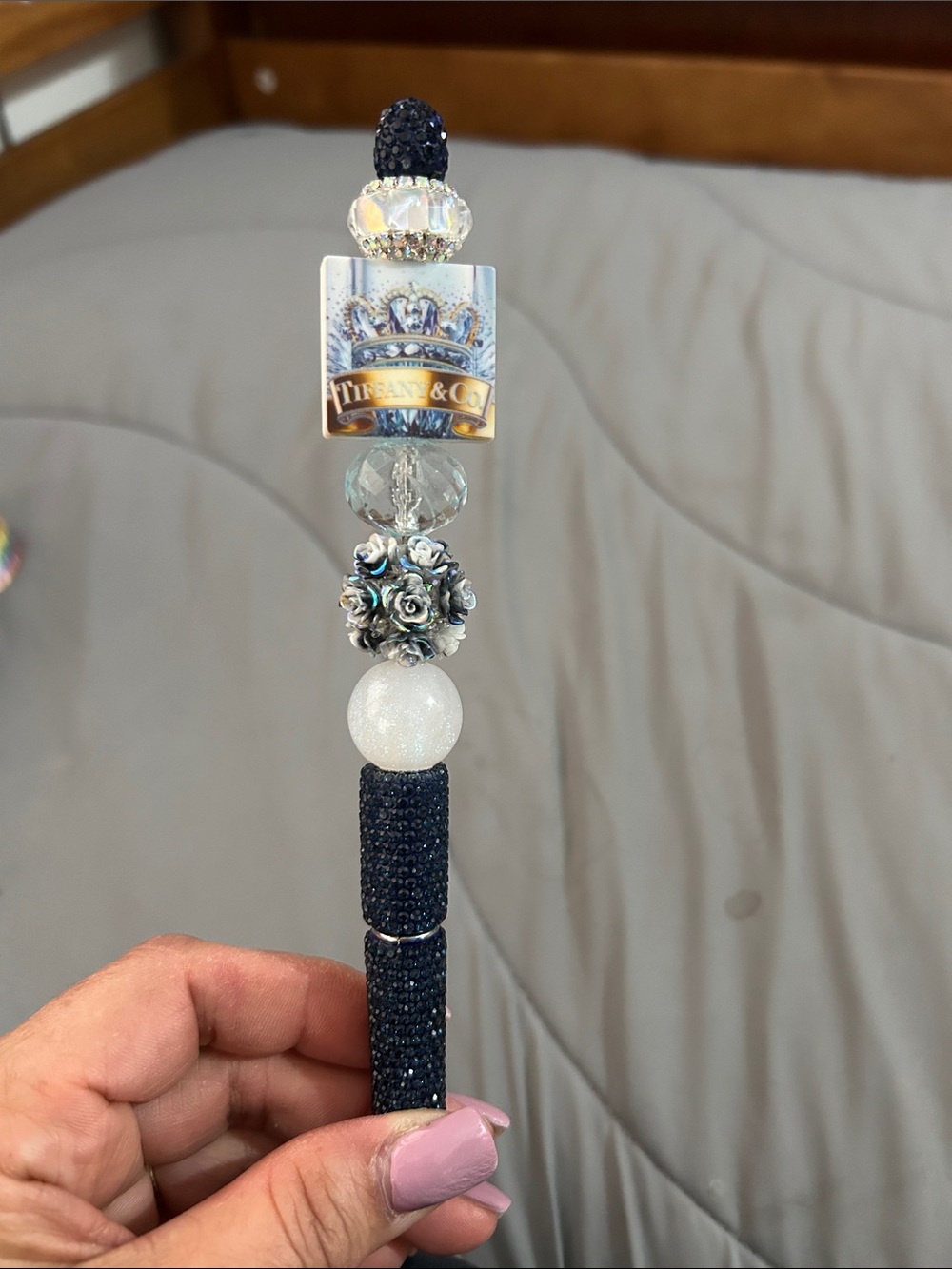 Navy, Silver and White Beaded Pen